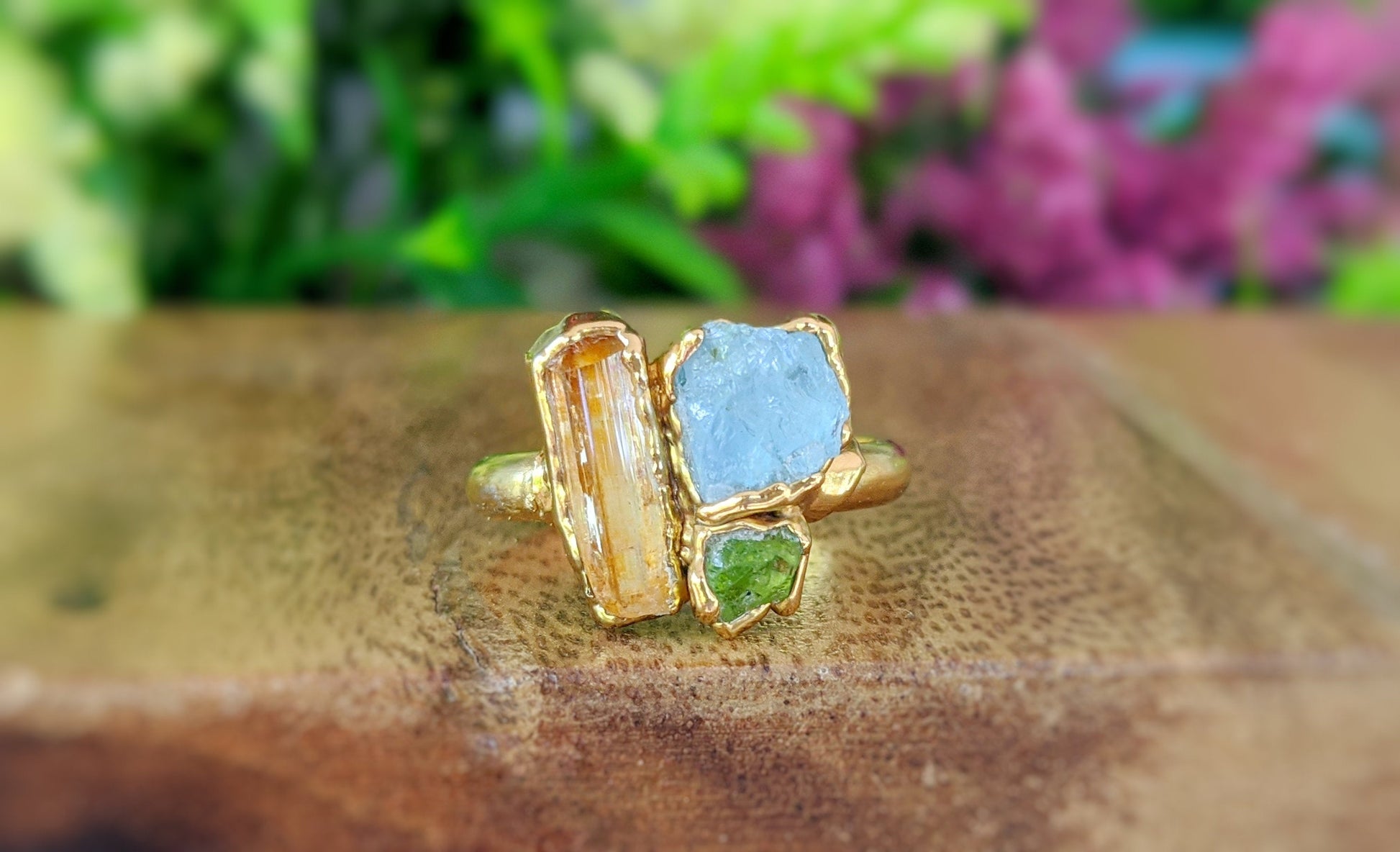 Raw Topaz, Aquamarine and Peridot cluster ring
