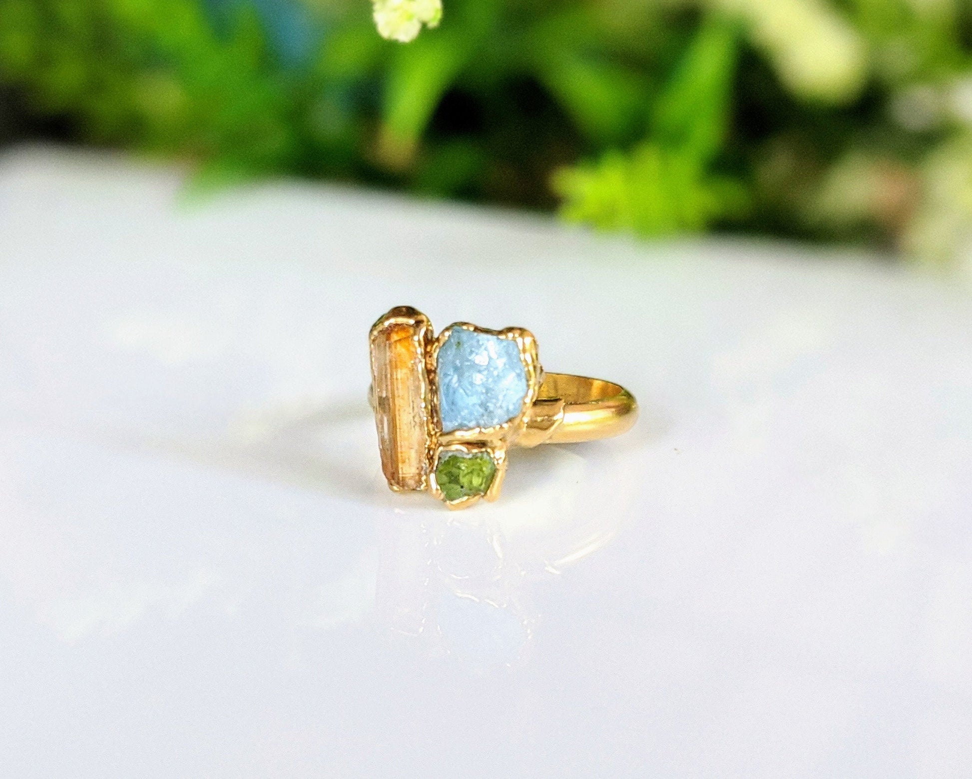Raw Topaz, Aquamarine and Peridot cluster ring