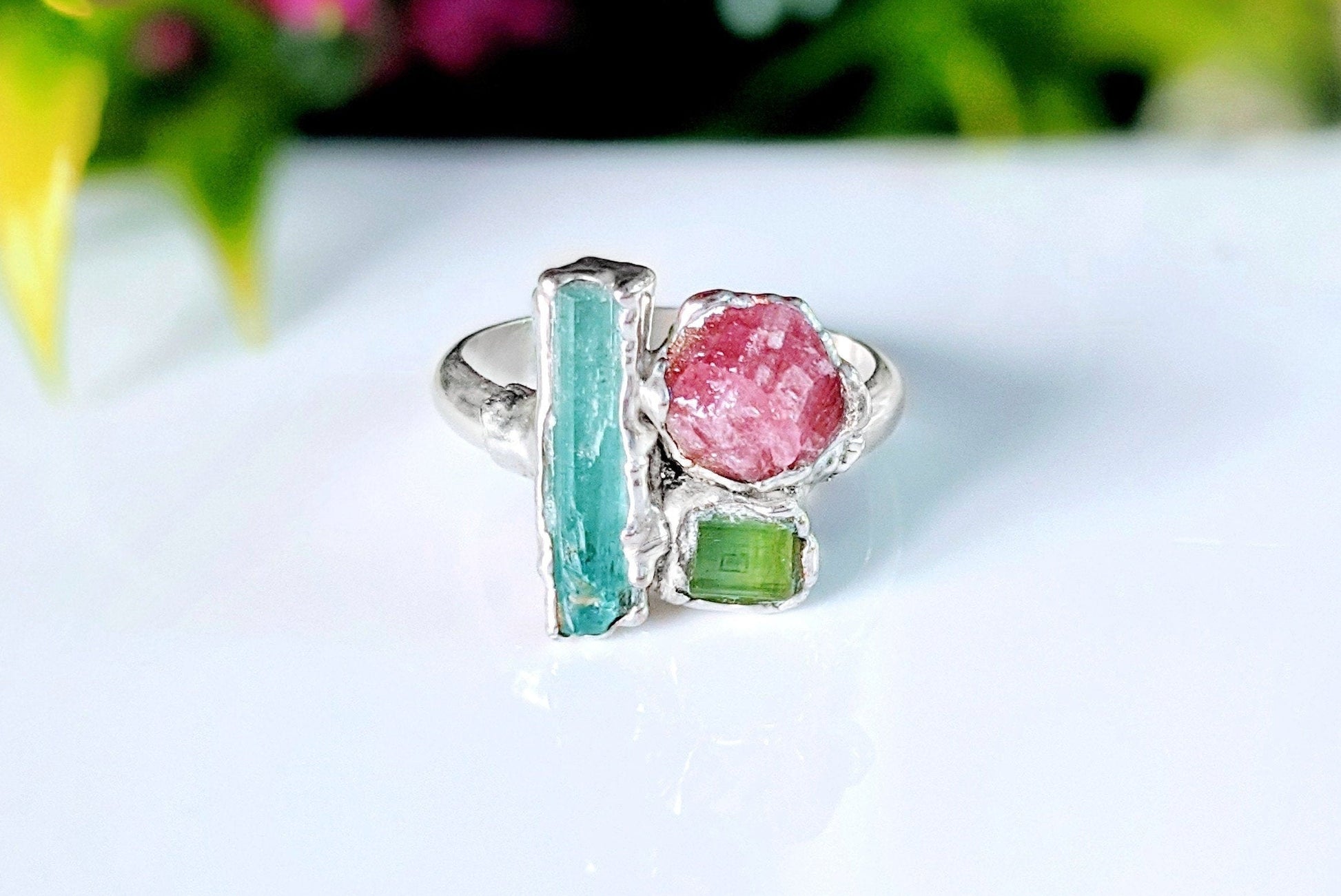 Raw Topaz, Aquamarine and Peridot cluster ring