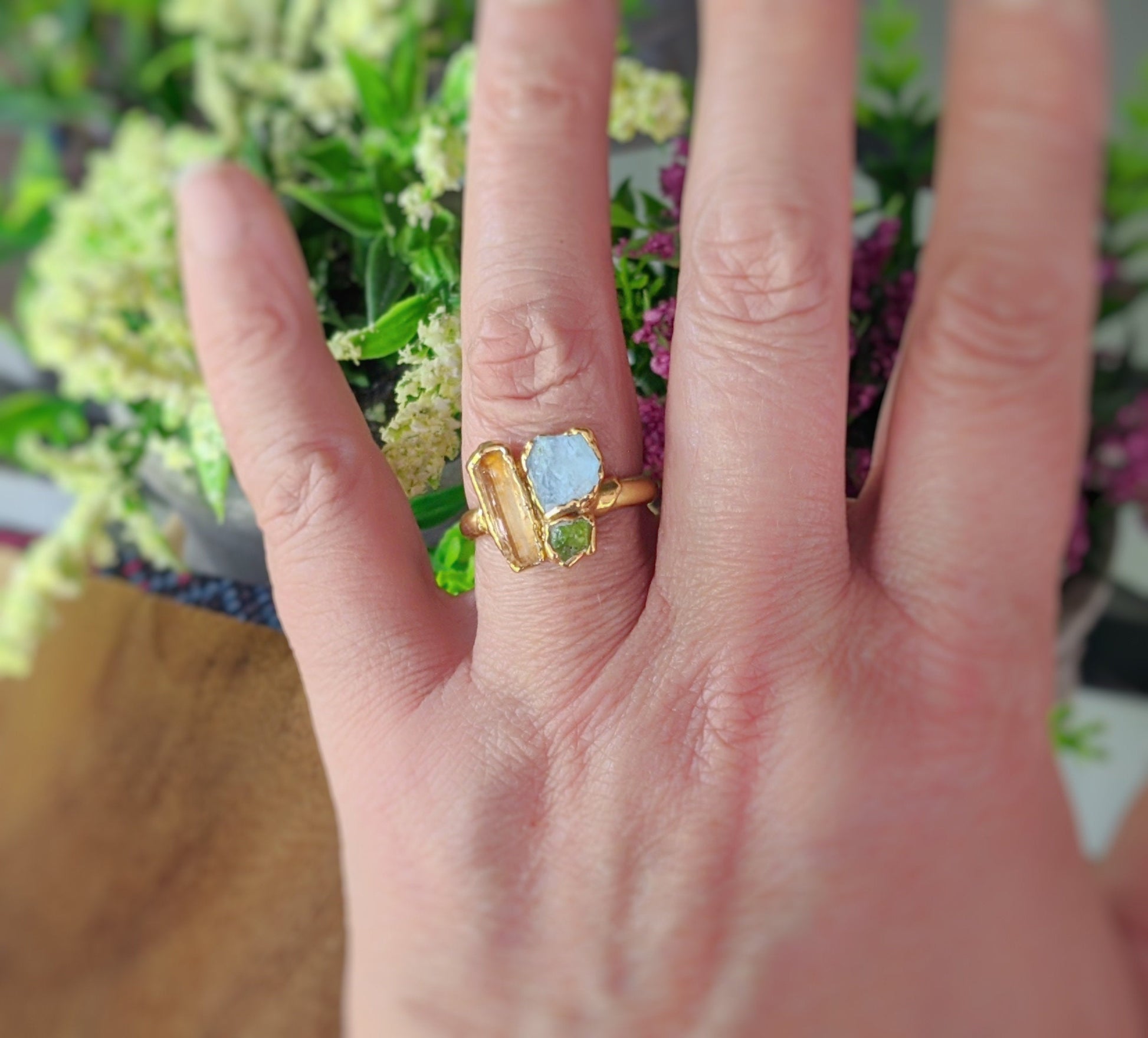 Raw Topaz, Aquamarine and Peridot cluster ring