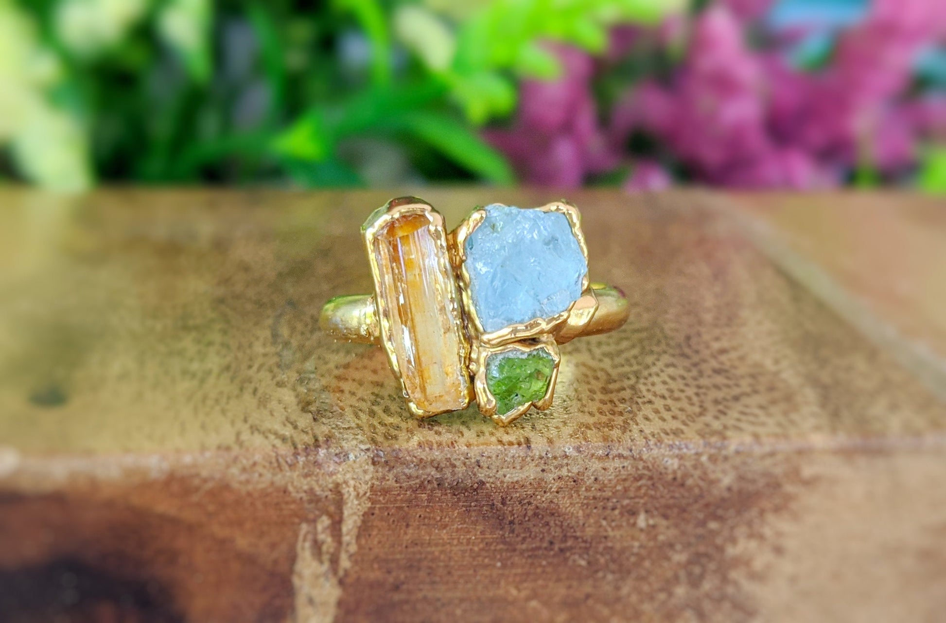 Raw Topaz, Aquamarine and Peridot cluster ring