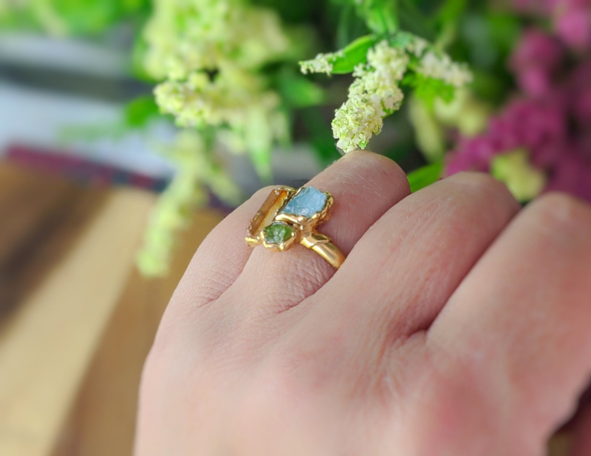 Raw Topaz, Aquamarine and Peridot cluster ring