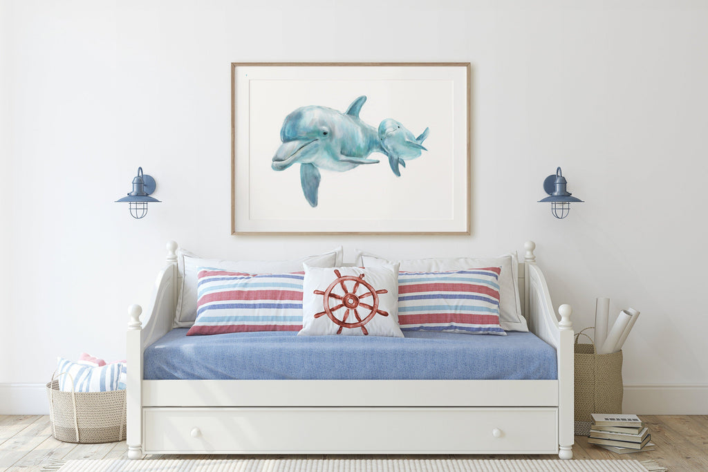 Bébé dauphin et sa maman, illustration sur l'océan