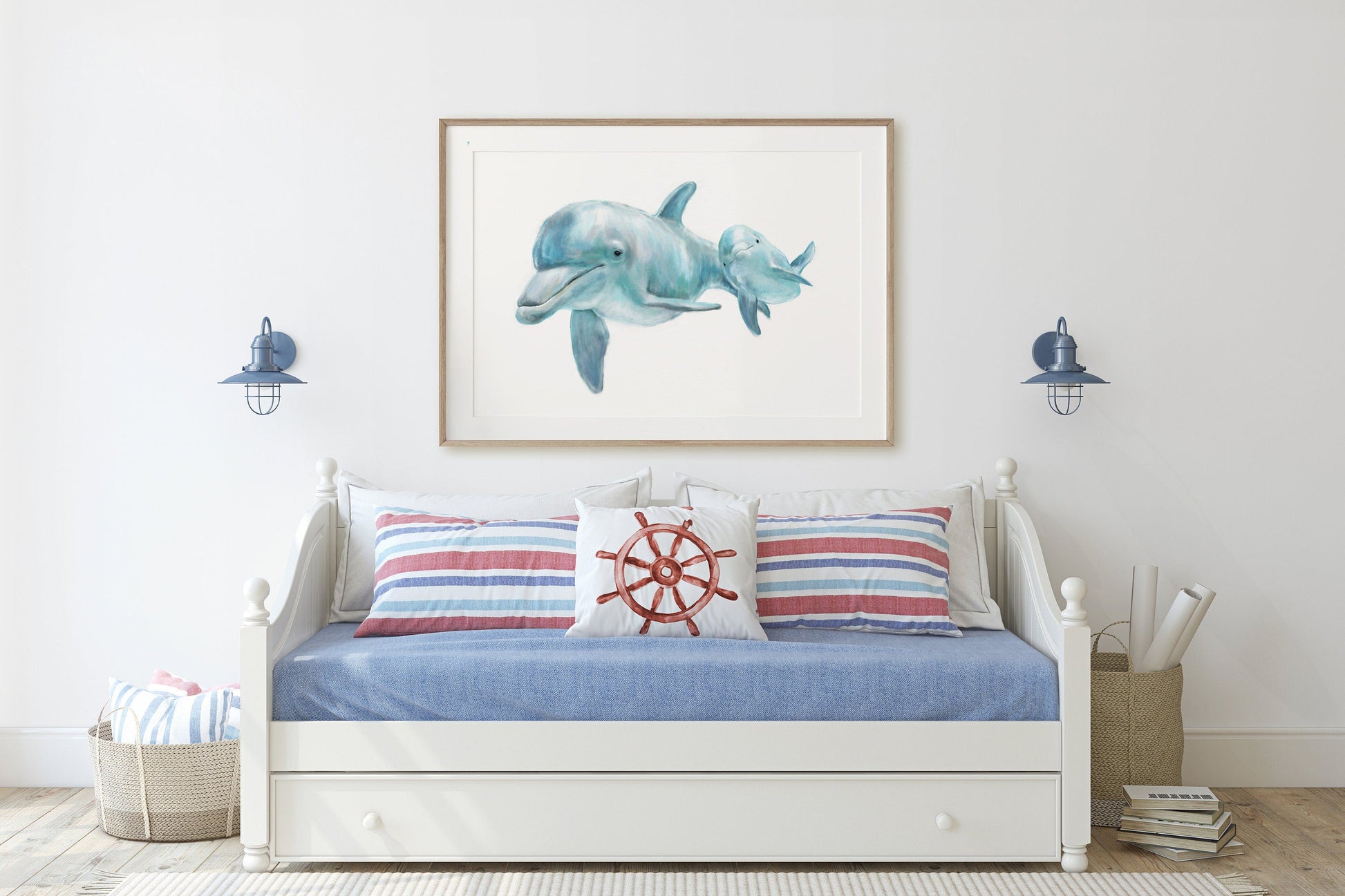 Bébé dauphin et sa maman, illustration sur l'océan