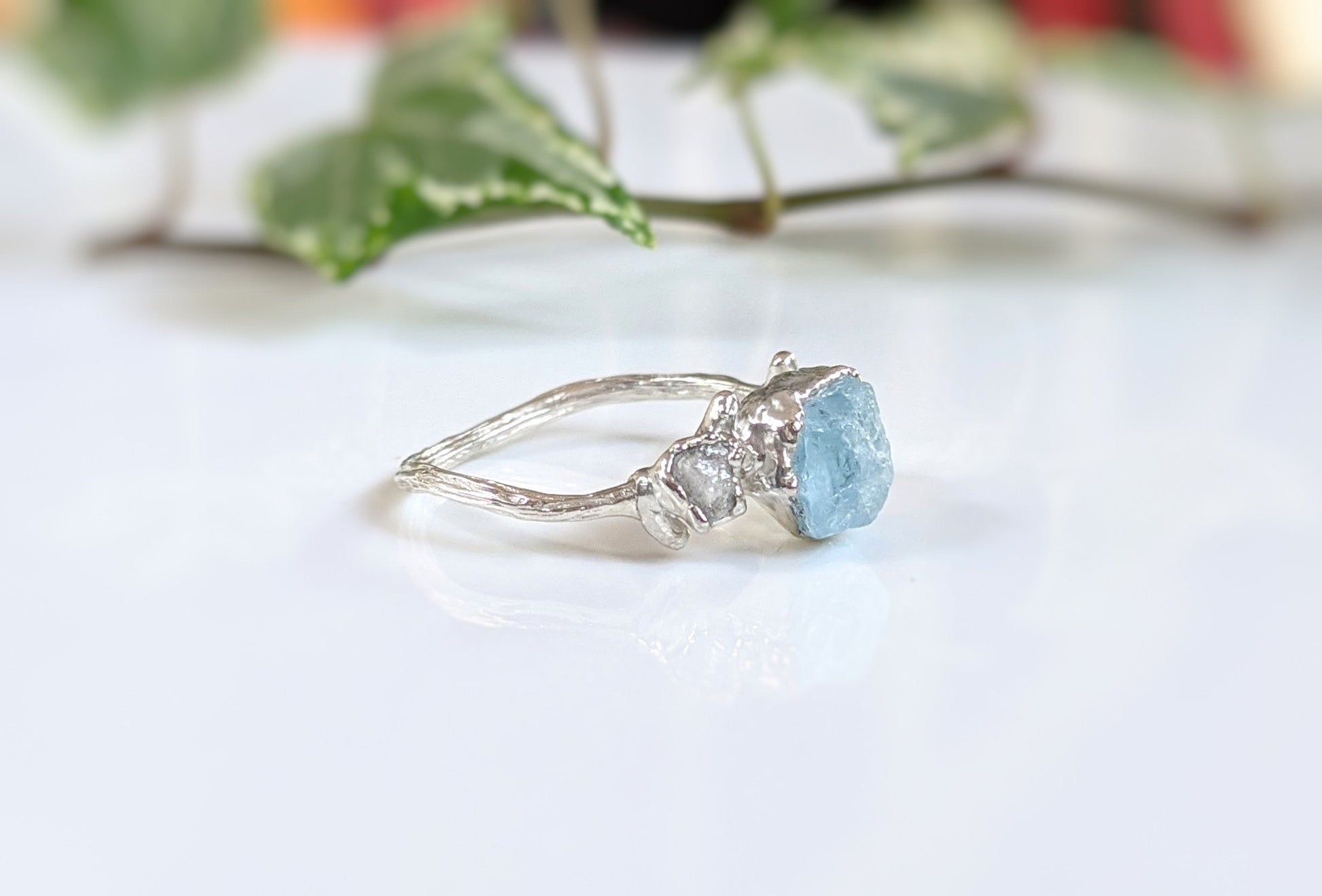 Raw Aquamarine and diamond twig ring
