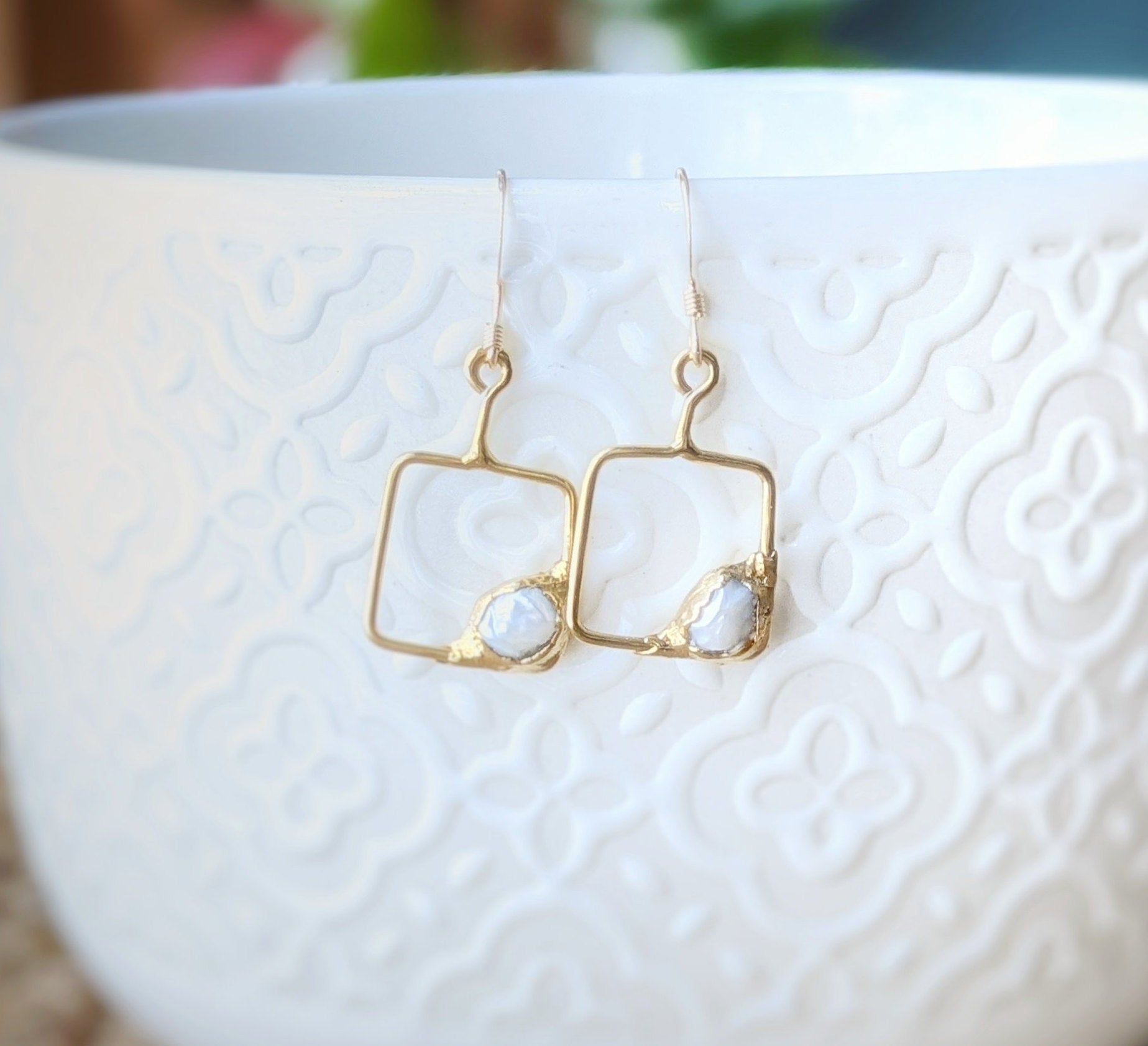 Keshi pearl square dangle earrings