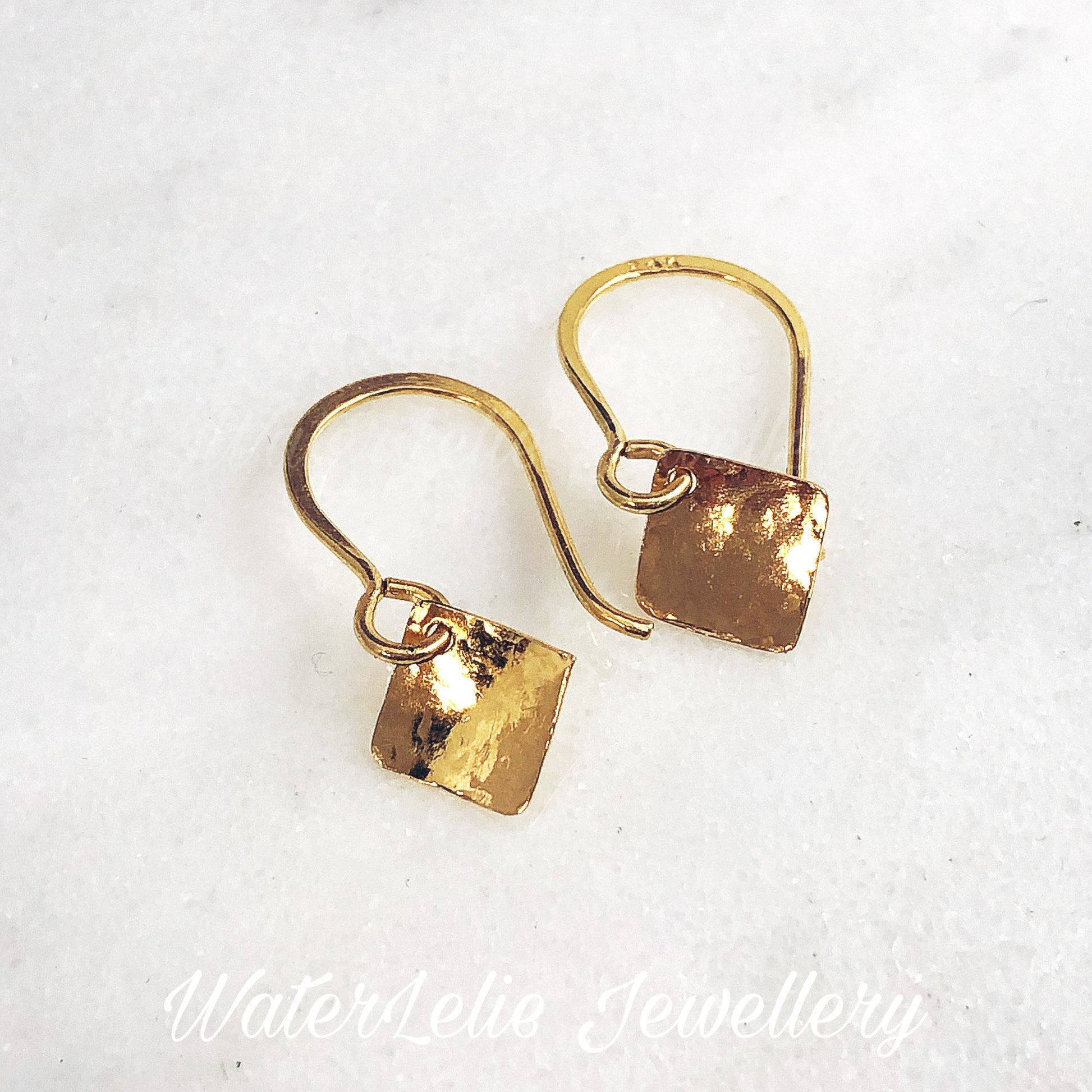 24K Gold Hammered Square Earrings: Minimalist Geometric Artisan Jewelry