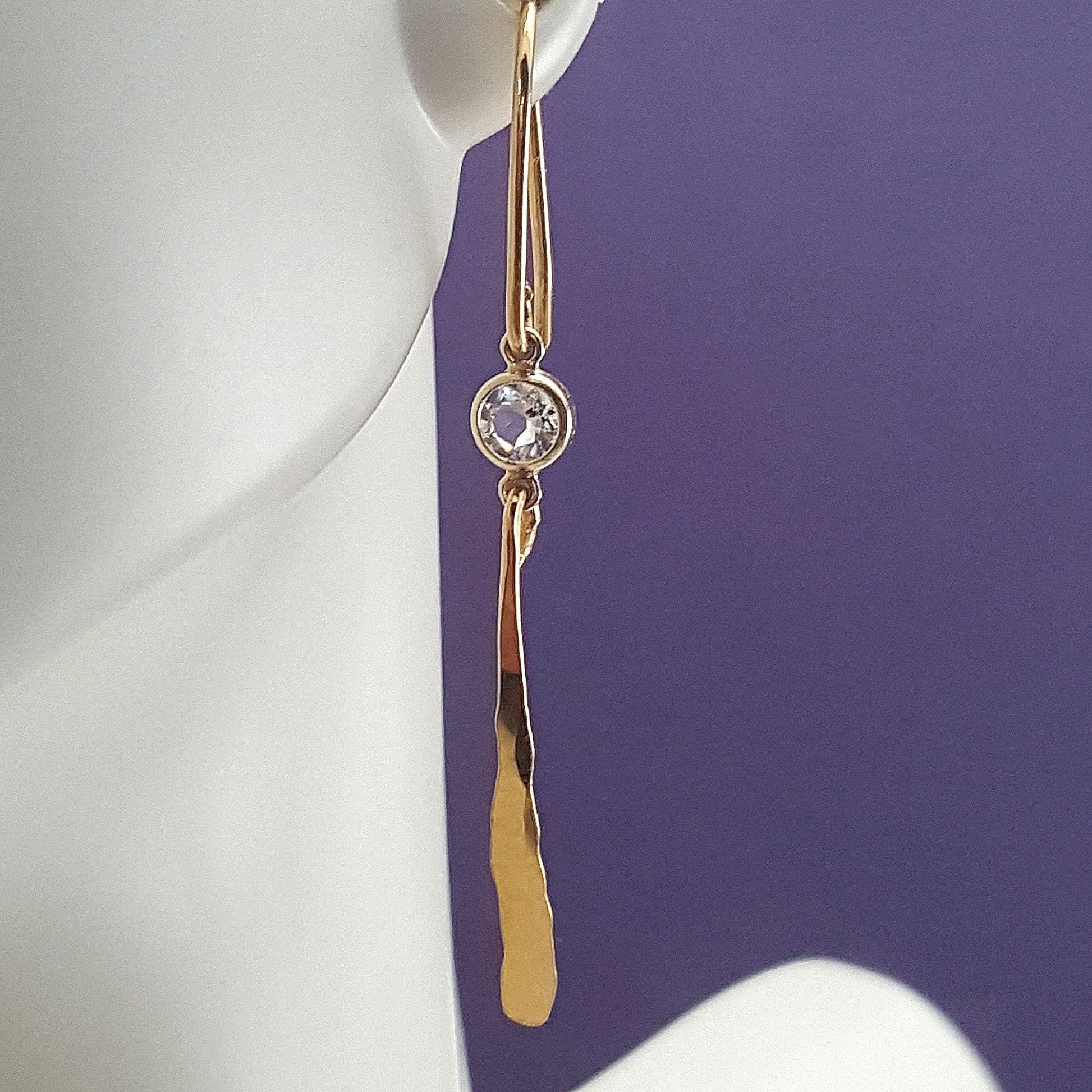 24k Gold Dangle Earrings: Hammered Artisan Jewelry with White Topaz