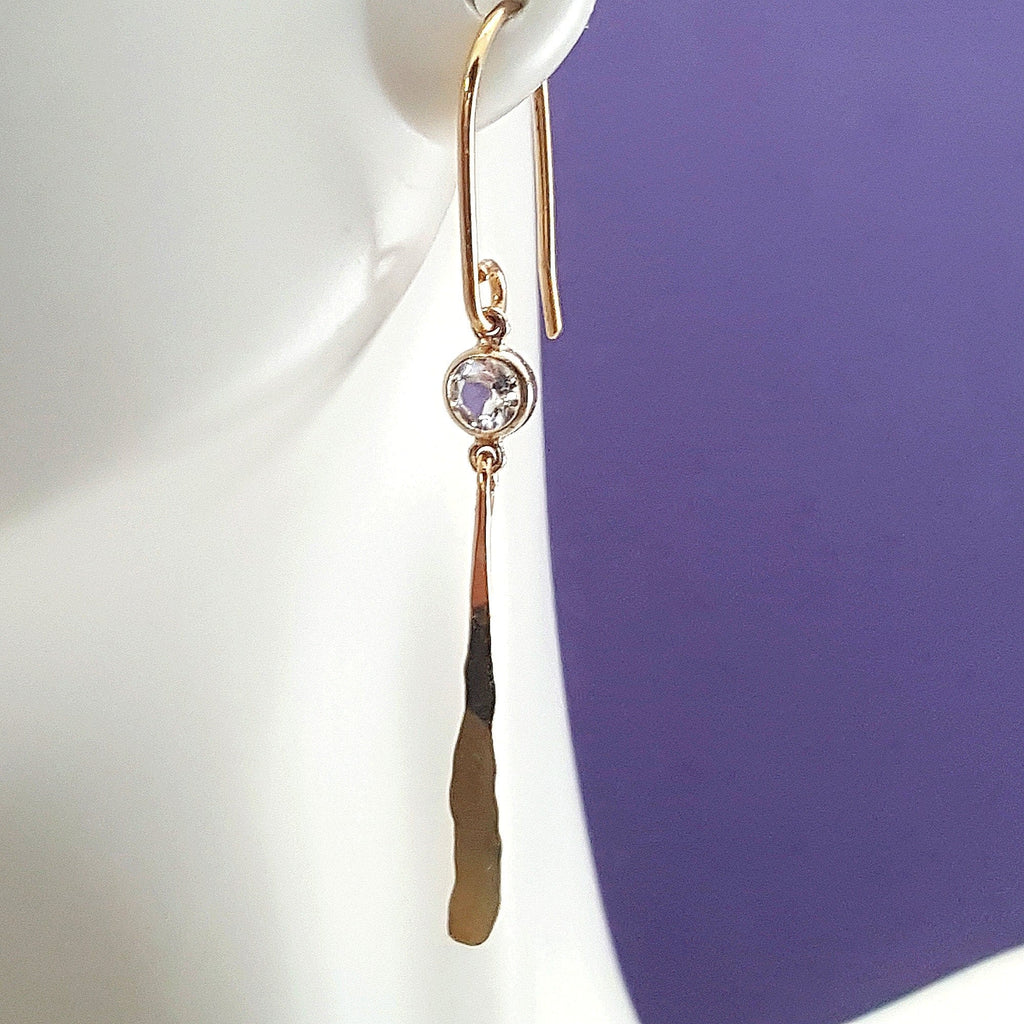 24k Gold Dangle Earrings: Hammered Artisan Jewelry with White Topaz
