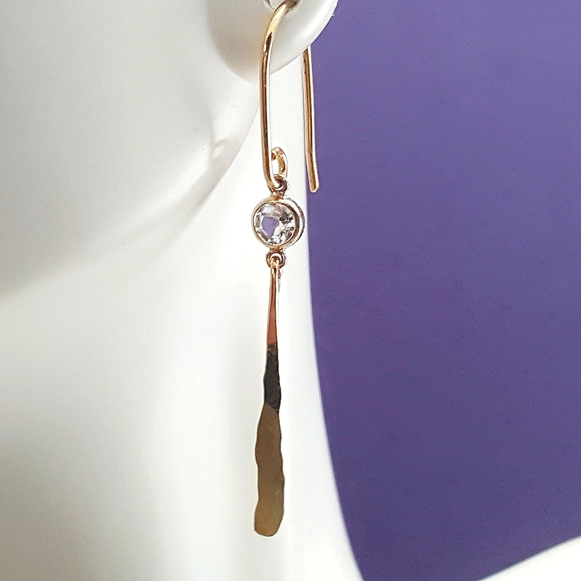 24k Gold Dangle Earrings: Hammered Artisan Jewelry with White Topaz