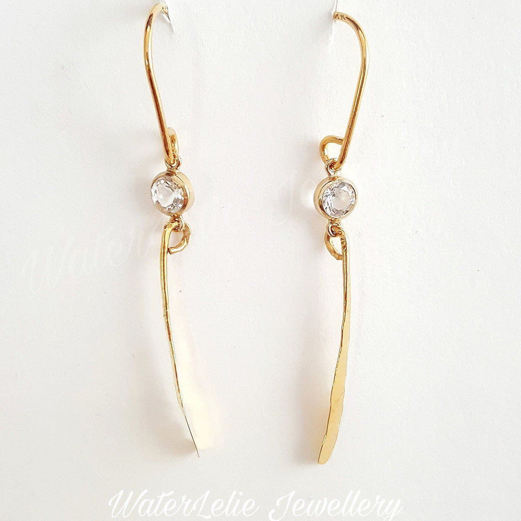 24k Gold Dangle Earrings: Hammered Artisan Jewelry with White Topaz