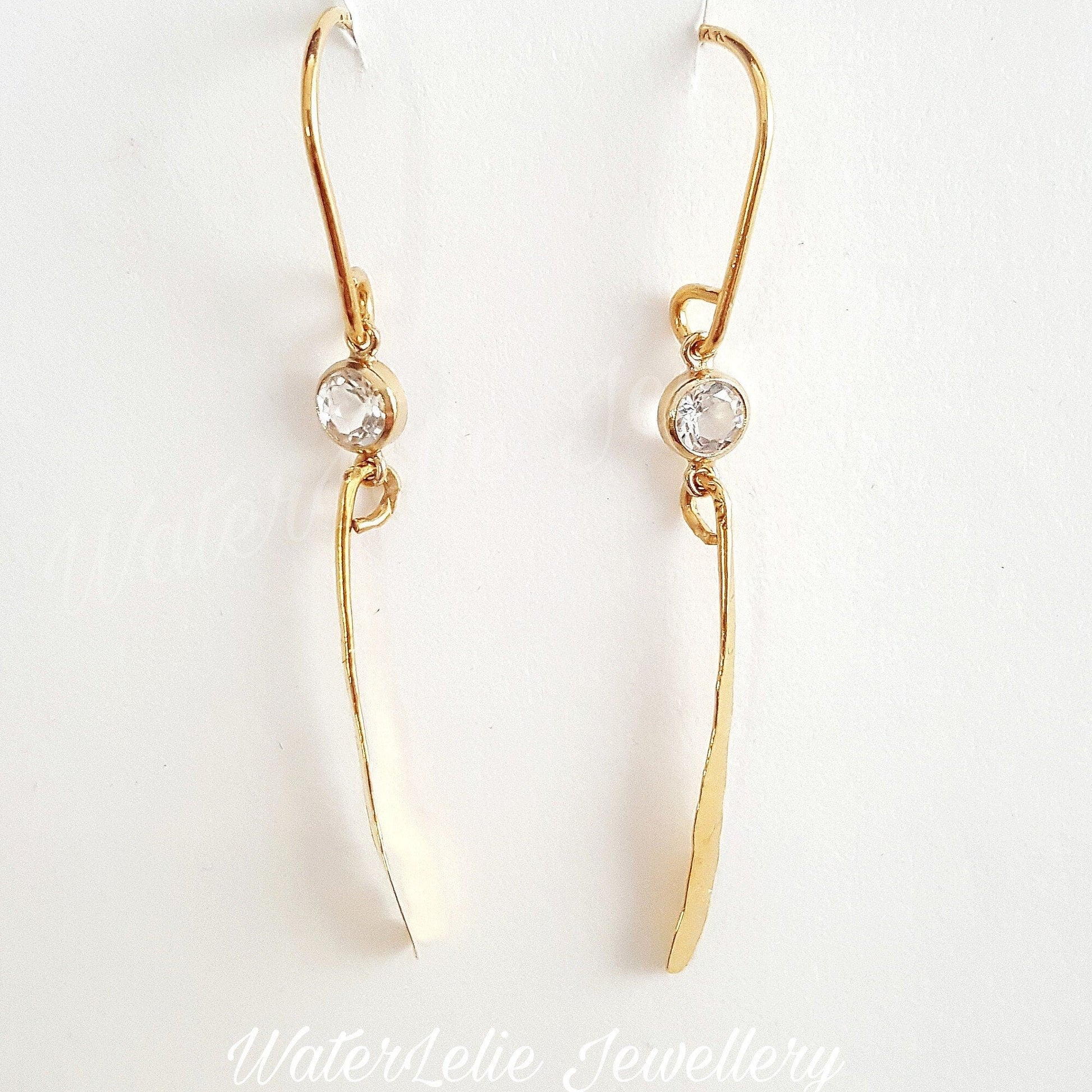 24k Gold Dangle Earrings: Hammered Artisan Jewelry with White Topaz
