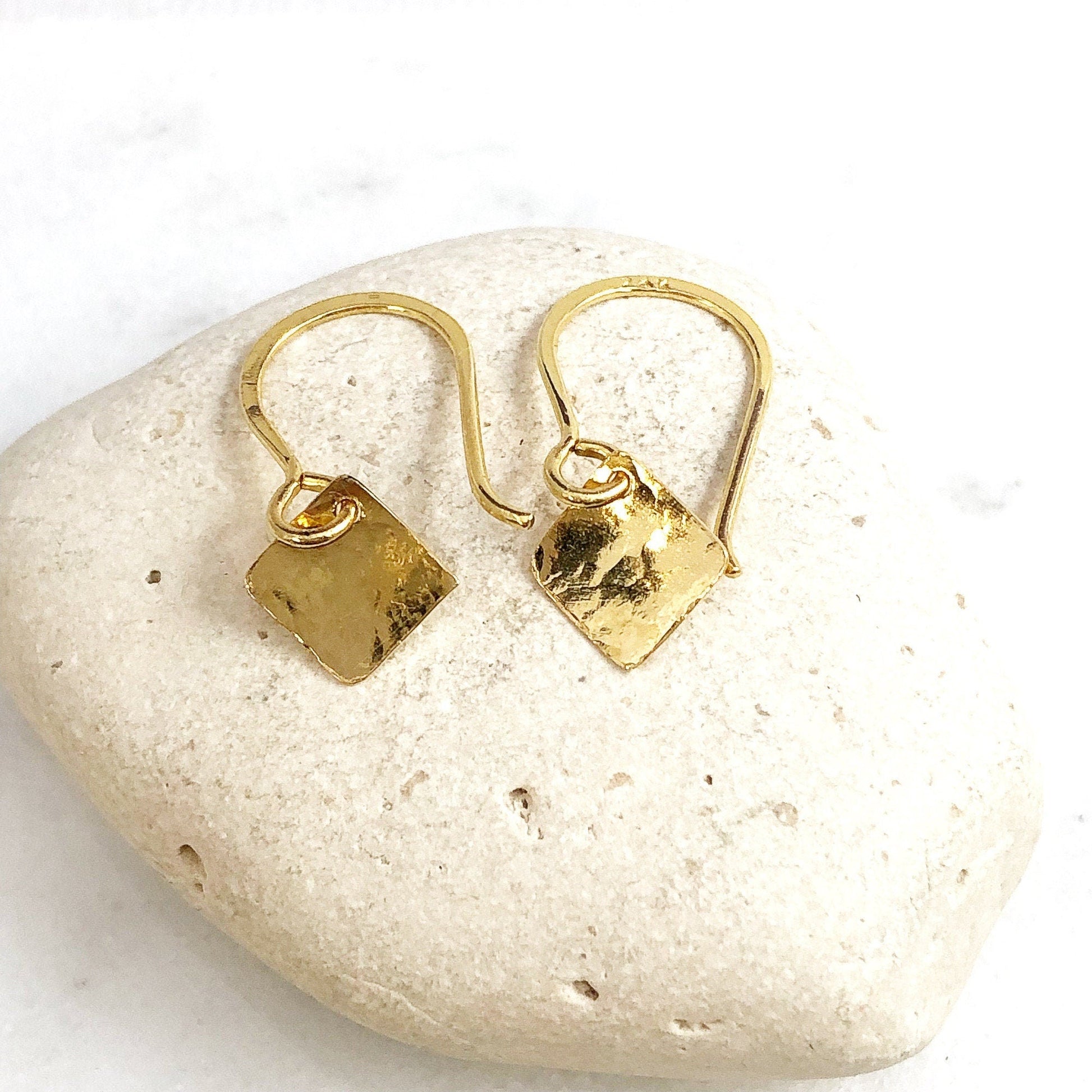 24K Gold Hammered Square Earrings: Minimalist Geometric Artisan Jewelry