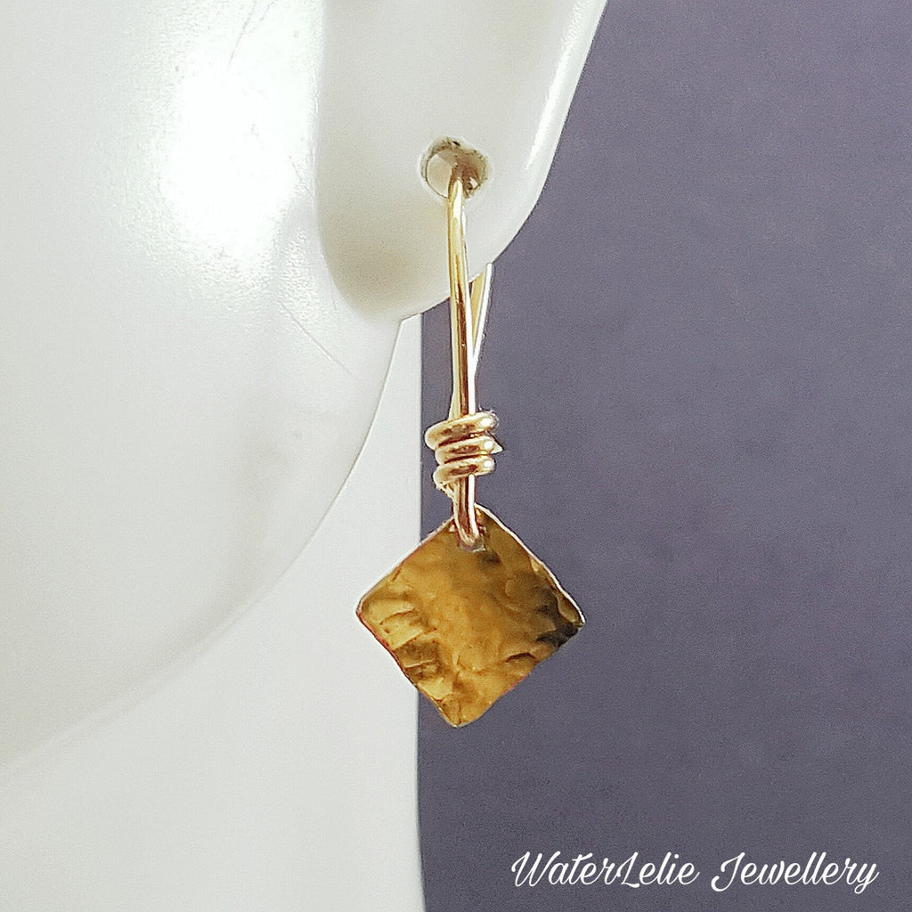 24K Gold Hammered Square Earrings: Minimalist Geometric Artisan Jewelry