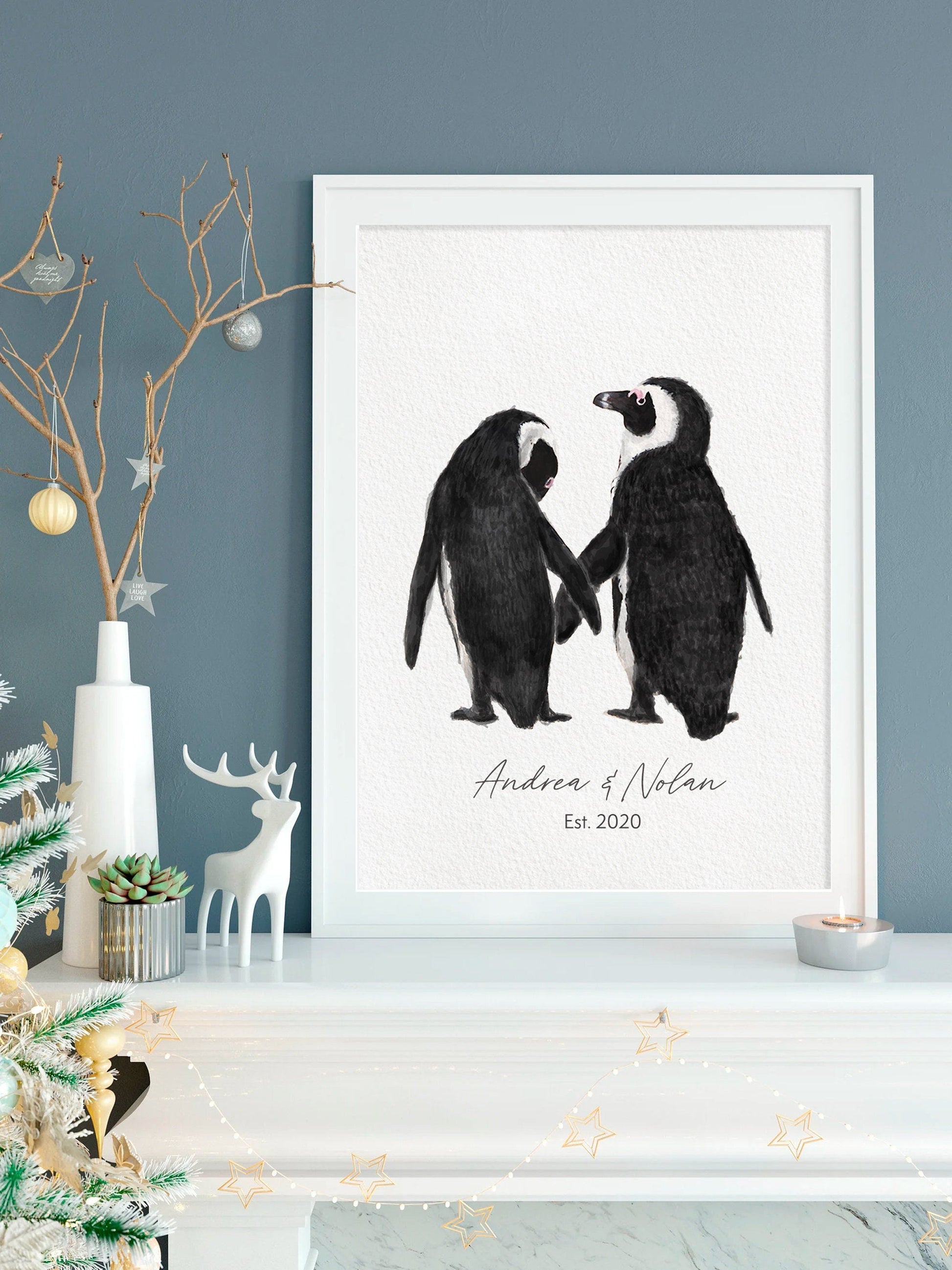 Cadeau de mariage personnalisé - Décoration murale Pingouin amoureux pour jeunes mariés