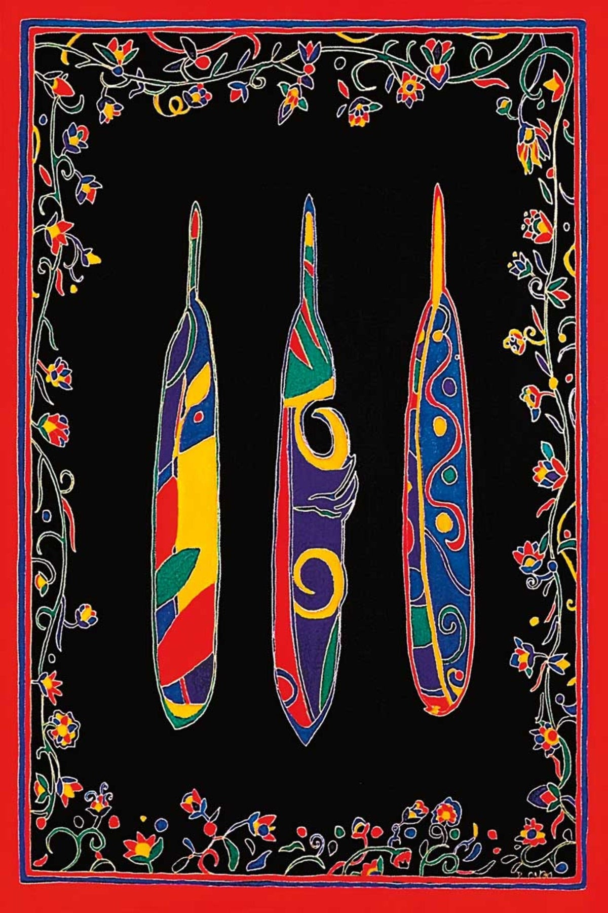 Three Feathers par Dawn Oman, gravure d'art autochtone, Premières Nations, Métis, culture Chipewyan/Galloise, décor autochtone d'Amérique, œuvre encadrée