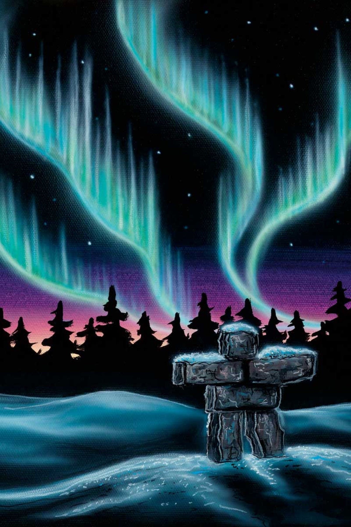 Sky Dance Inukshuk par Amy Keller-Rempp, impression d'art autochtone, Premières Nations, Métis, décor amérindien, aurores boréales
