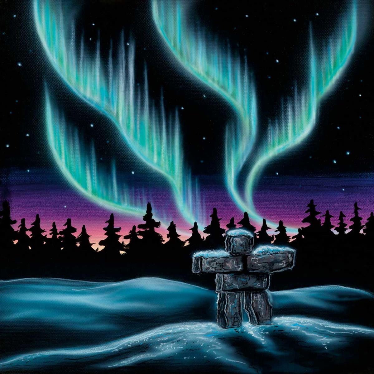 Sky Dance – Inukshuk par Amy Keller-Rempp, gravure d'art autochtone, Premières Nations, Autochtones, lumières nordiques, aurores boréales