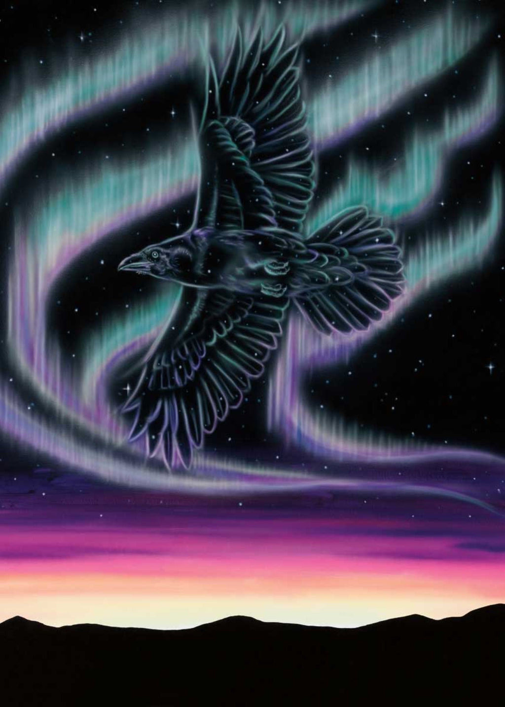 Danse céleste – Corbeau dans le ciel par Amy Keller-Rempp, estampe d'art autochtone, Premières Nations, Amérindiens, aurores boréales
