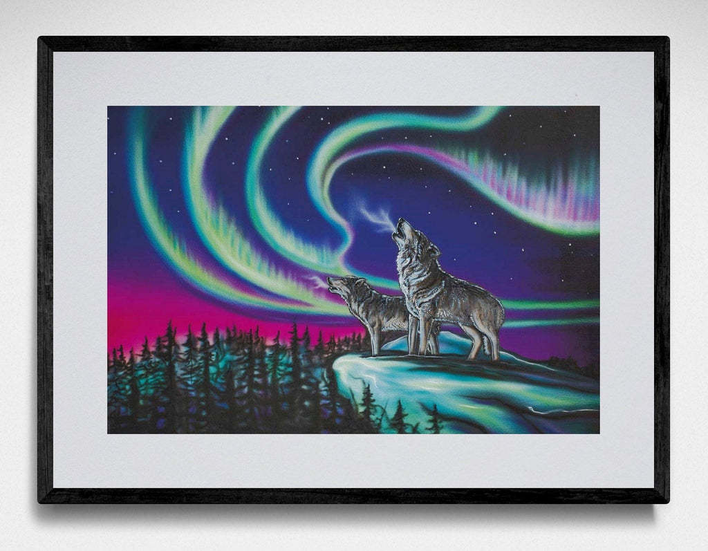 Sky Dance – Wolf Song By Amy Keller-Rempp Indigenous Art Print, First Nations, Native Americans Decor, Northern Lights, Aurora Borealis