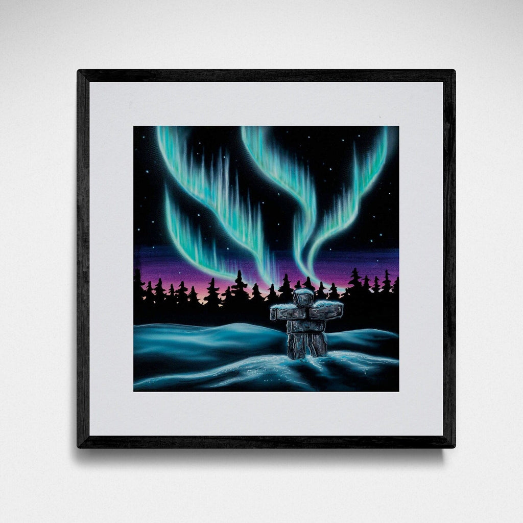 Sky Dance – Inukshuk par Amy Keller-Rempp, gravure d'art autochtone, Premières Nations, Autochtones, lumières nordiques, aurores boréales