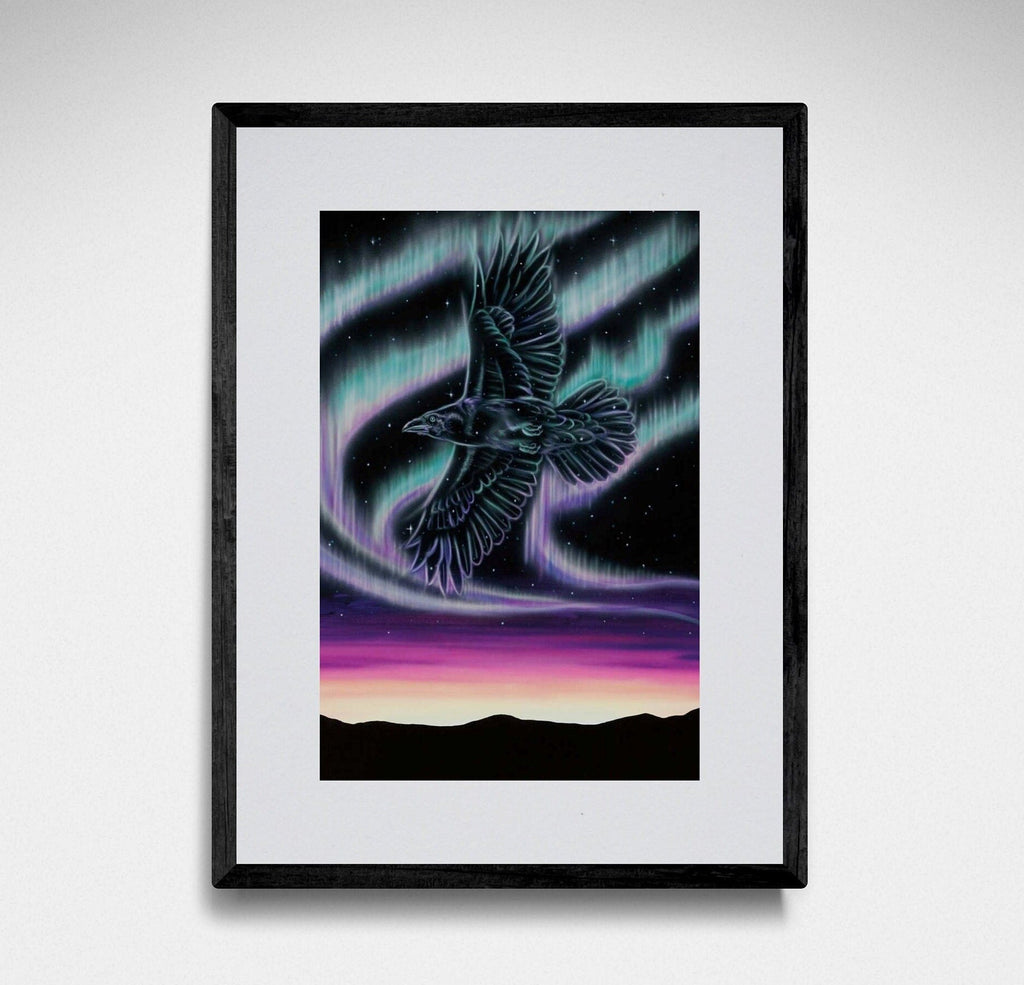 Danse céleste – Corbeau dans le ciel par Amy Keller-Rempp, estampe d'art autochtone, Premières Nations, Amérindiens, aurores boréales