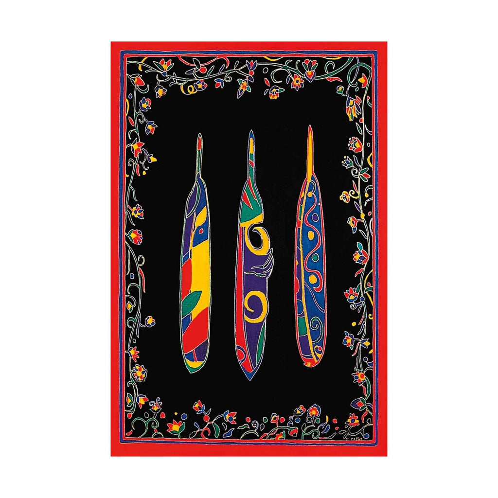 Three Feathers par Dawn Oman, gravure d'art autochtone, Premières Nations, Métis, culture Chipewyan/Galloise, décor autochtone d'Amérique, œuvre encadrée