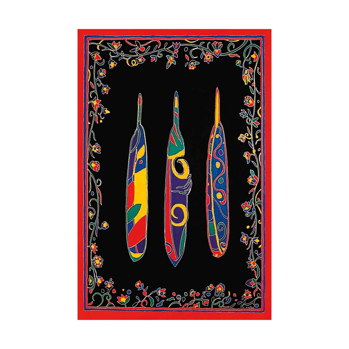Three Feathers par Dawn Oman, gravure d'art autochtone, Premières Nations, Métis, culture Chipewyan/Galloise, décor autochtone d'Amérique, œuvre encadrée