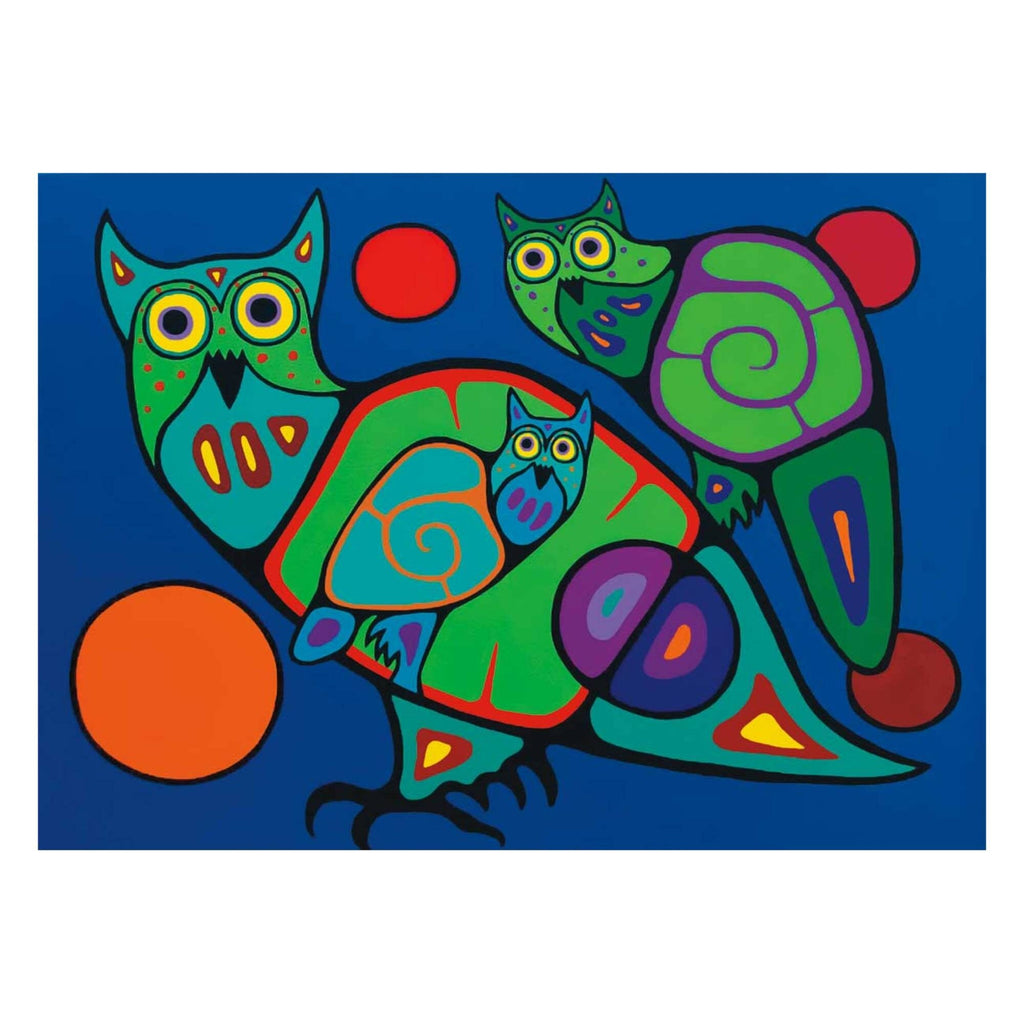 Owl Family par Jim Oskineegish, impression d'art autochtone, Premières Nations, culture ahnisnabée, décor autochtone amérindien