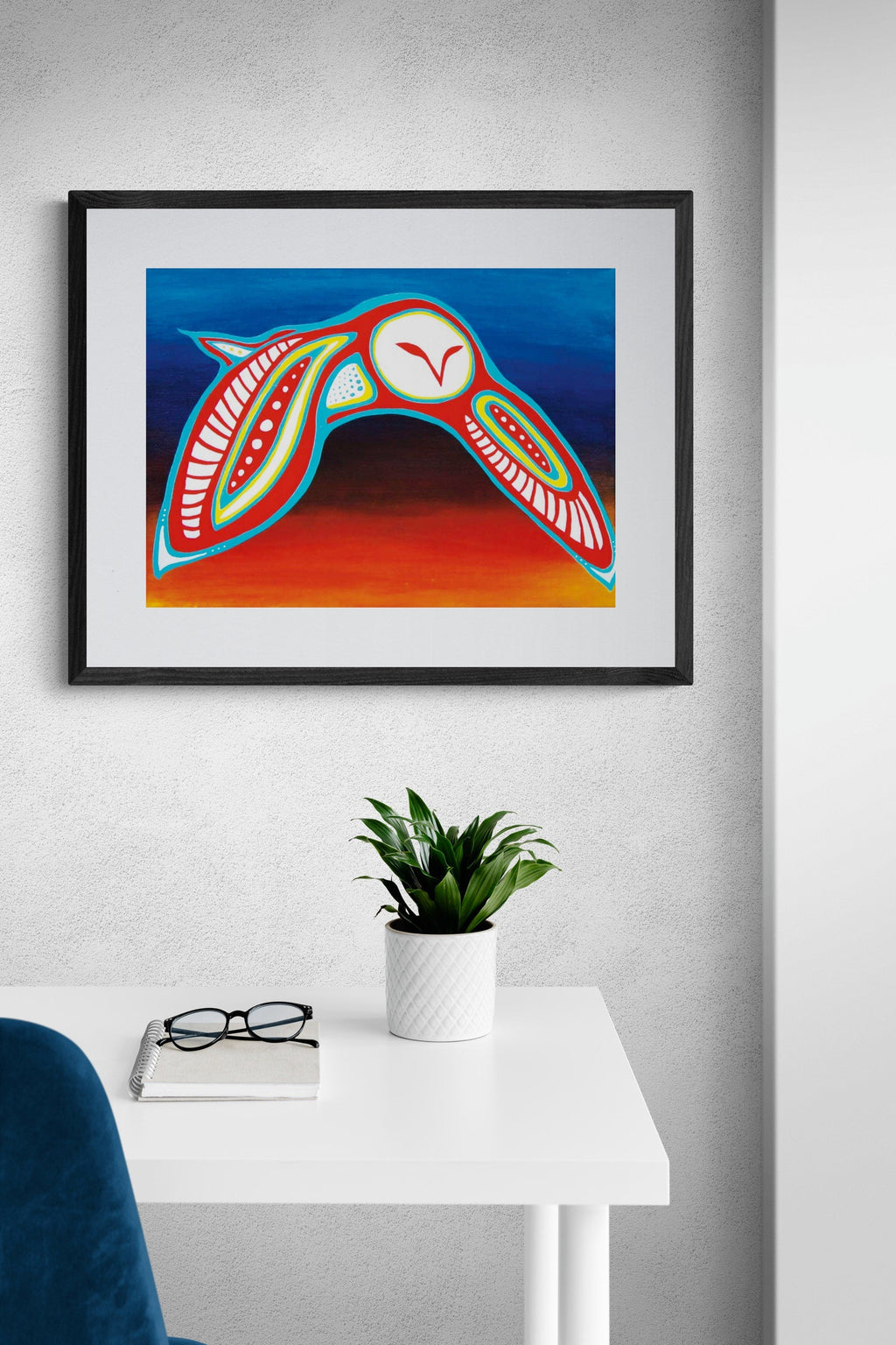 Hibou par Patrick Hunter, impression d'art autochtone, Premières Nations, Ojibwé, décor amérindien, œuvre d'art encadrée