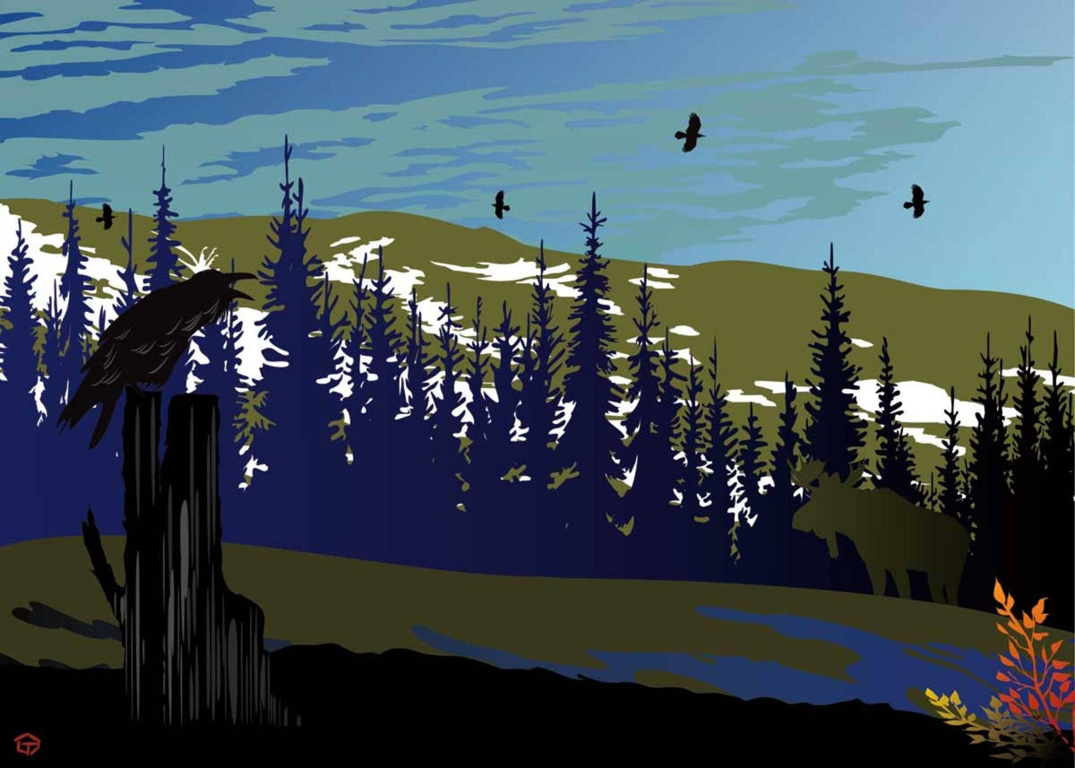 Corbeau et orignal par Mark Preston, impression d'art autochtone, Premières Nations, Amérindiens, Tlingit, Territoire du Yukon, art encadré