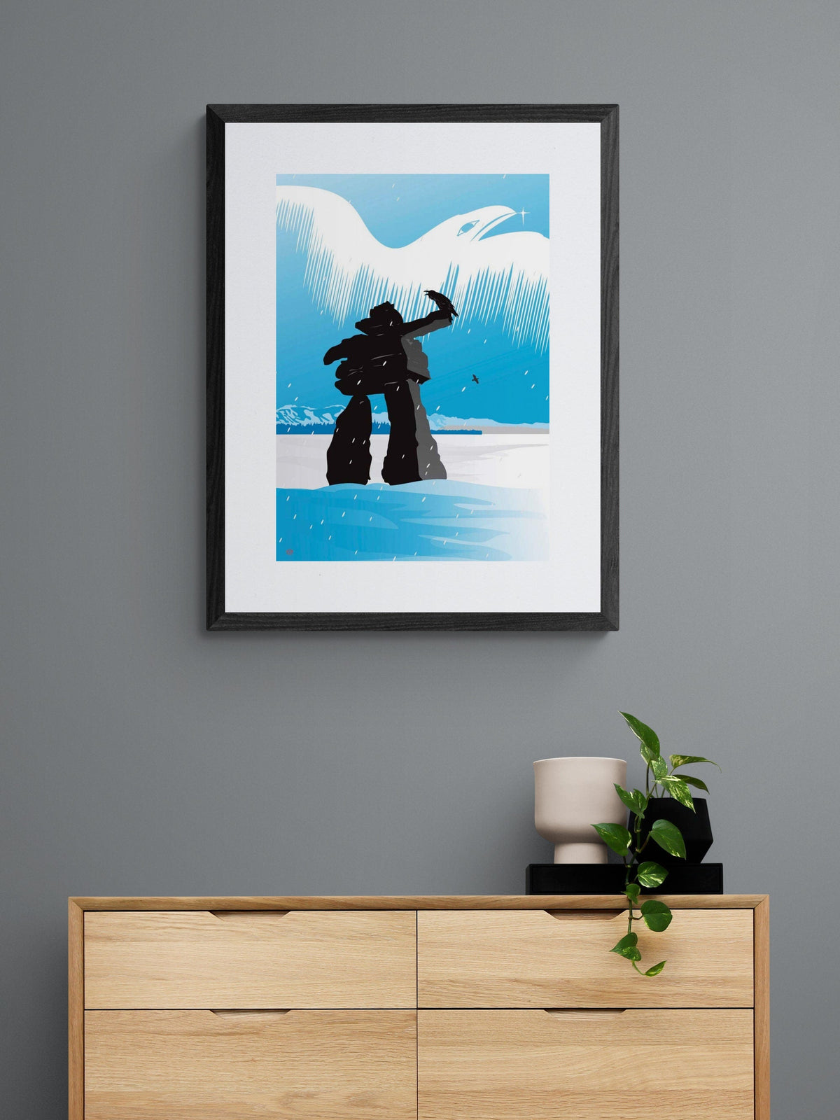 Inukshuk d'hiver par Mark Preston, impression d'art autochtone, Premières Nations, Amérindiens, Tlingit, Territoire du Yukon, art encadré