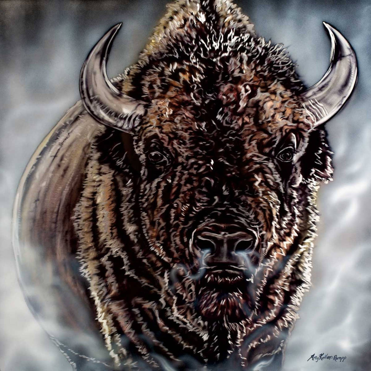 Sortant de la brume par Amy Keller-Rempp, art de bison, impression d'art autochtone, Premières Nations, décor autochtone, Métis, art encadré