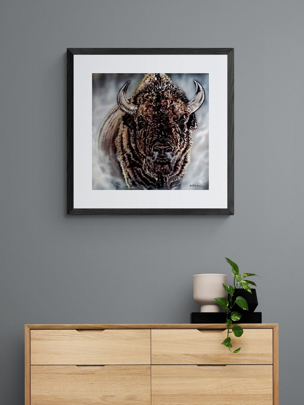 Sortant de la brume par Amy Keller-Rempp, art de bison, impression d'art autochtone, Premières Nations, décor autochtone, Métis, art encadré