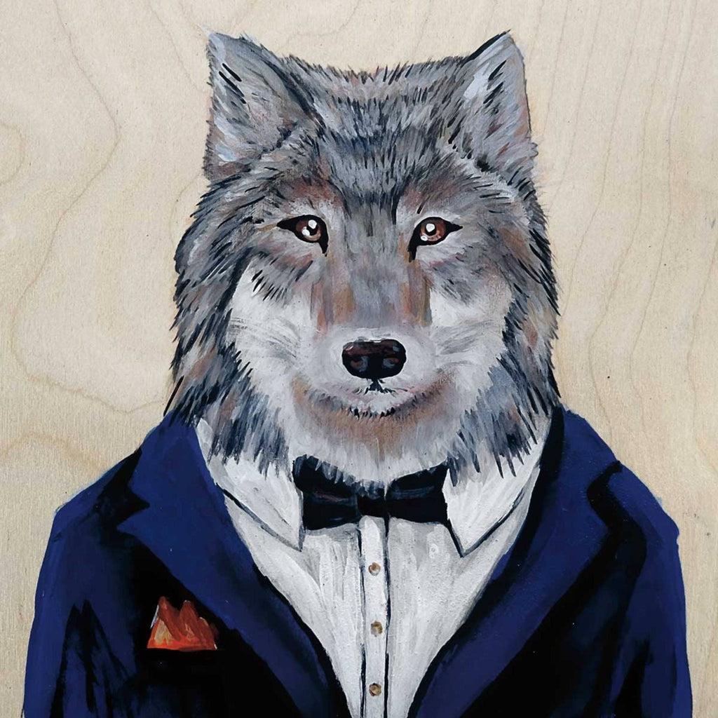 Le loup de Bay Street par Wynne Parkin, artiste canadienne, estampe d'art canadiana, œuvre encadrée