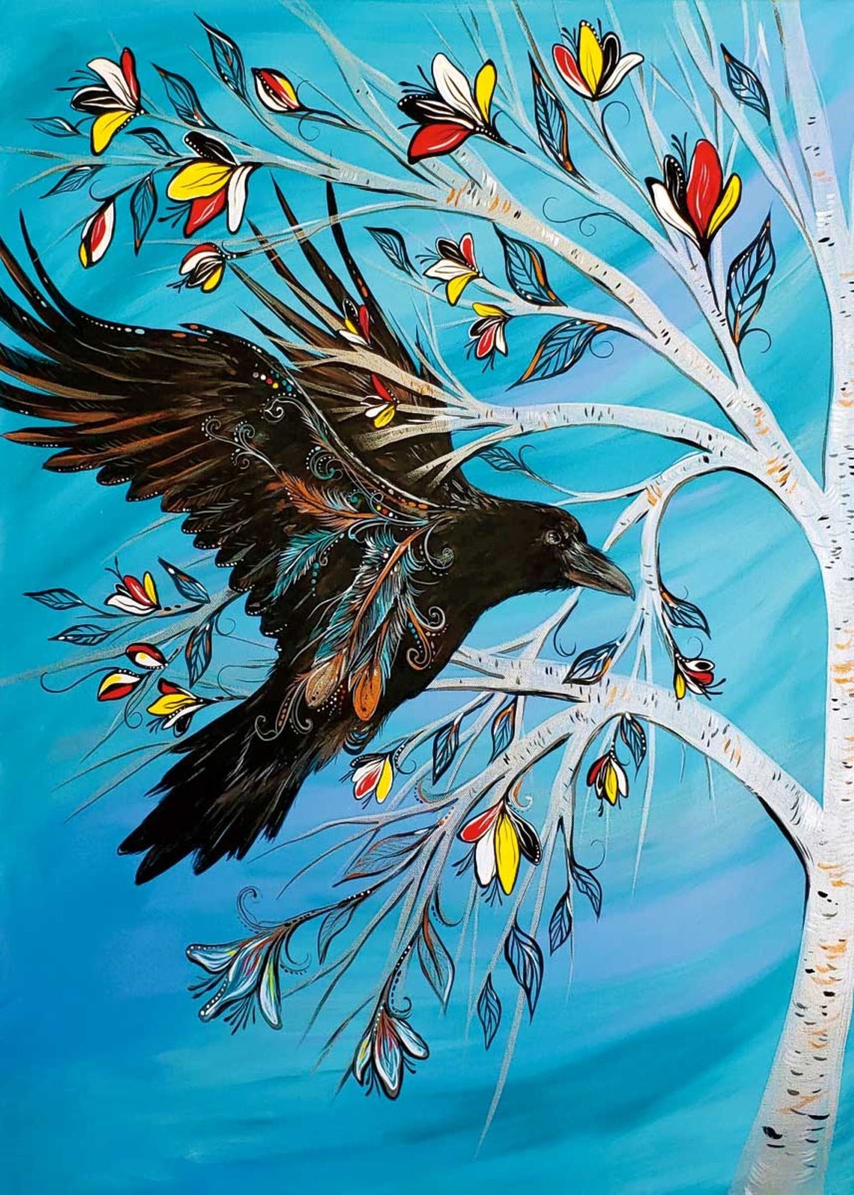 Arbre du corbeau par Carla Joseph, estampe d'art autochtone, Premières Nations, Autochtones, Cri, œuvre encadrée