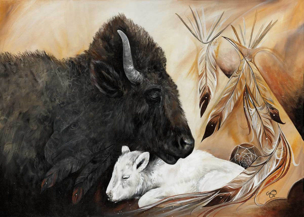 Bison blanc par Carla Joseph, estampe d'art autochtone, Premières Nations, Autochtones, Cri, Métis, œuvre encadrée