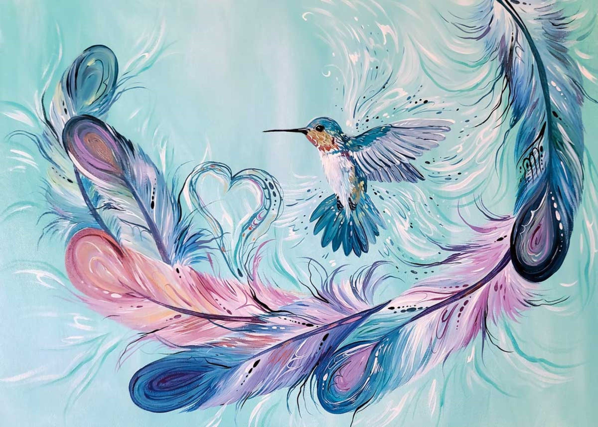 Plumes de colibri par Carla Joseph, impression d'art autochtone, Premières Nations, Amérindiens, Cri, Métis, œuvre d'art encadrée