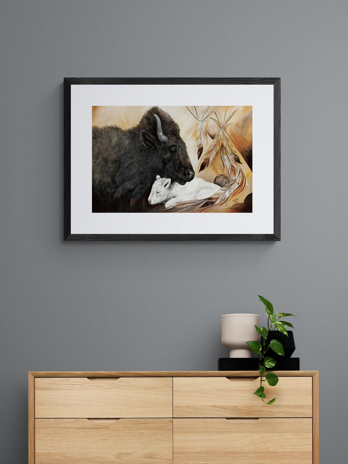 Bison blanc par Carla Joseph, estampe d'art autochtone, Premières Nations, Autochtones, Cri, Métis, œuvre encadrée