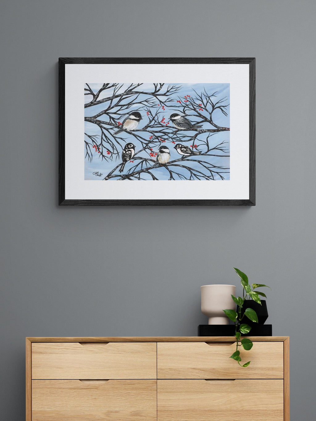 Mésanges par Carla Joseph, estampe d'art autochtone, Premières Nations, Amérindiens, Cris, Métis, art encadré