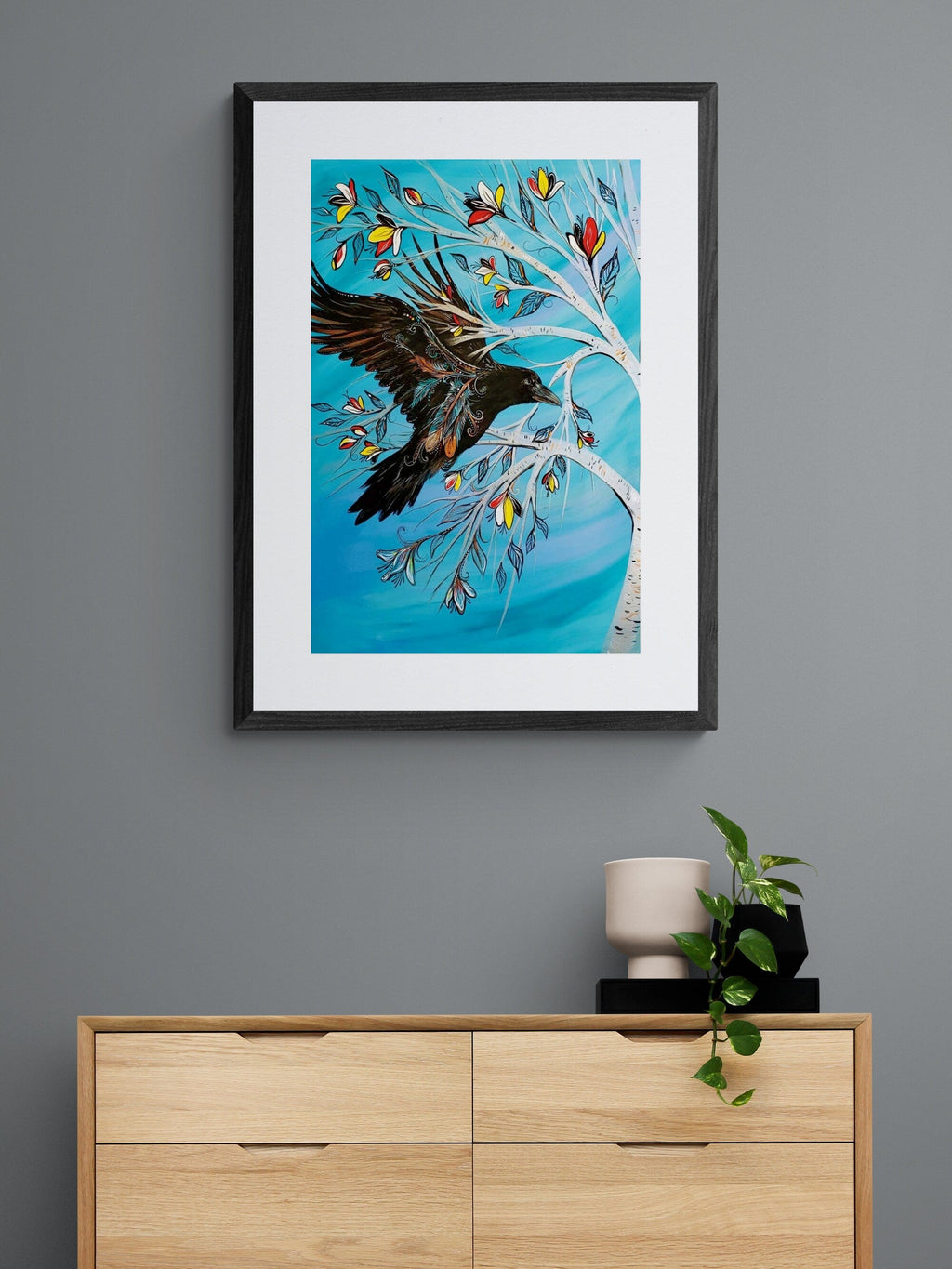 Arbre du corbeau par Carla Joseph, estampe d'art autochtone, Premières Nations, Autochtones, Cri, œuvre encadrée