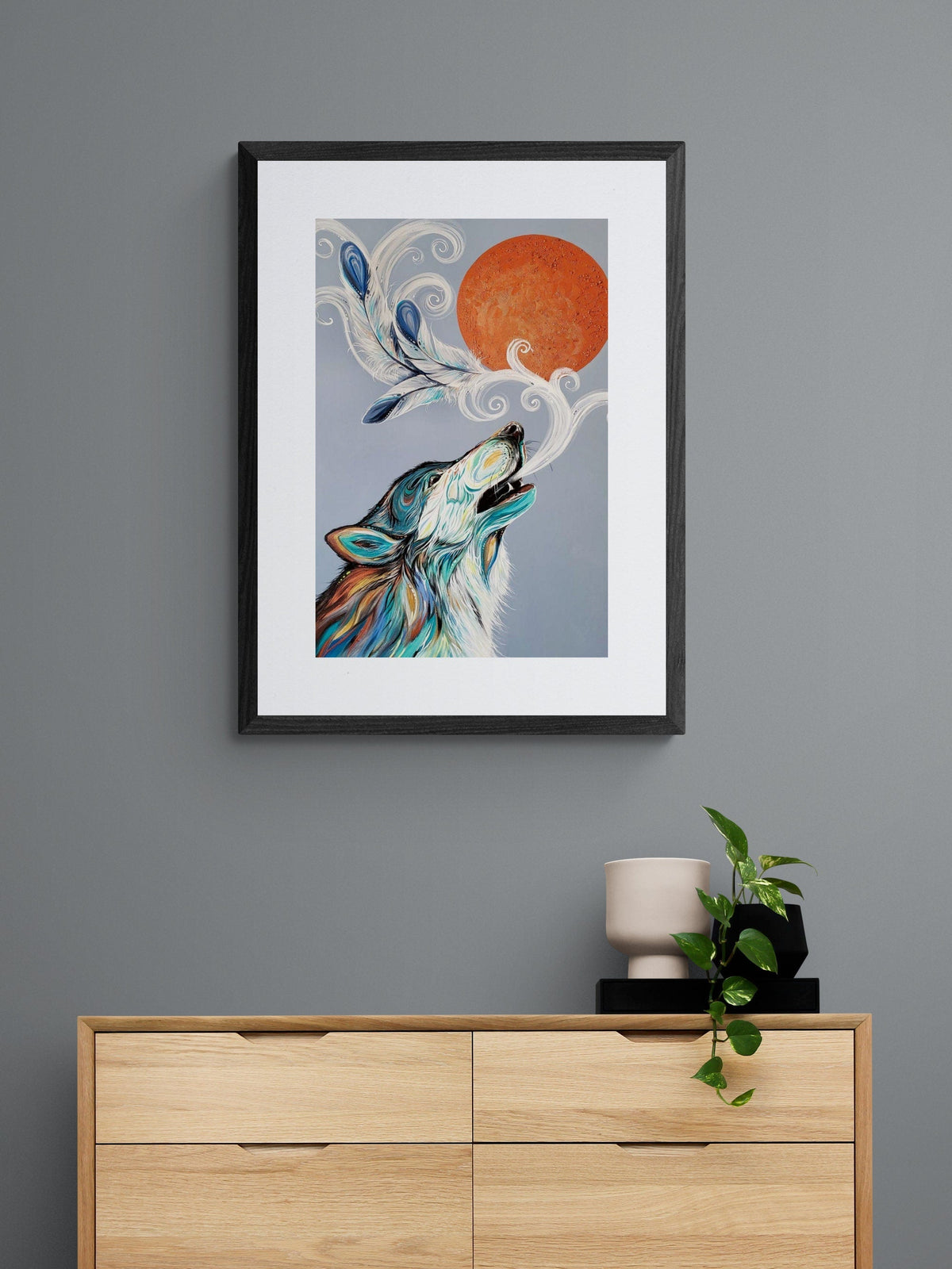 Appel du loup cri par Carla Joseph, estampe d'art autochtone, Premières Nations, Amérindiens, art encadré