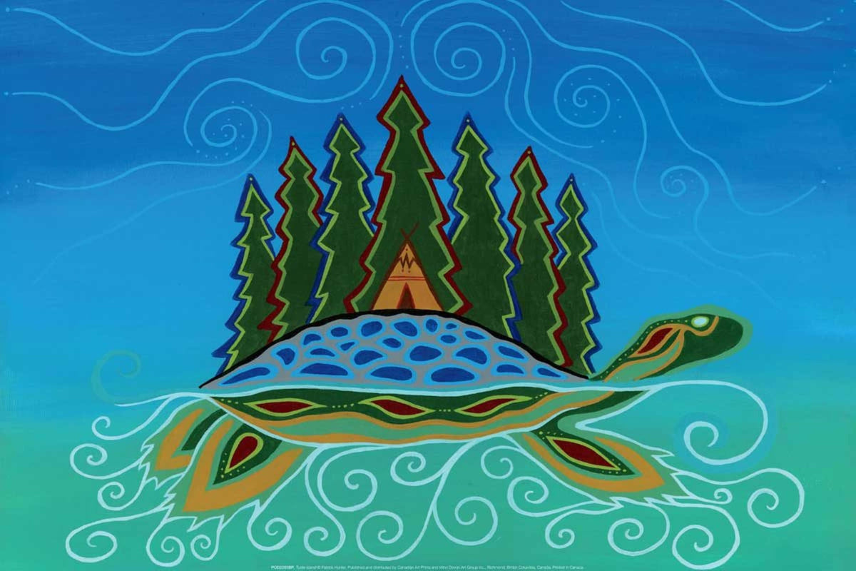 L'Île de la Tortue par Patrick Hunter, estampe d'art autochtone, Premières Nations, Ojibwé, décor amérindien, art encadré