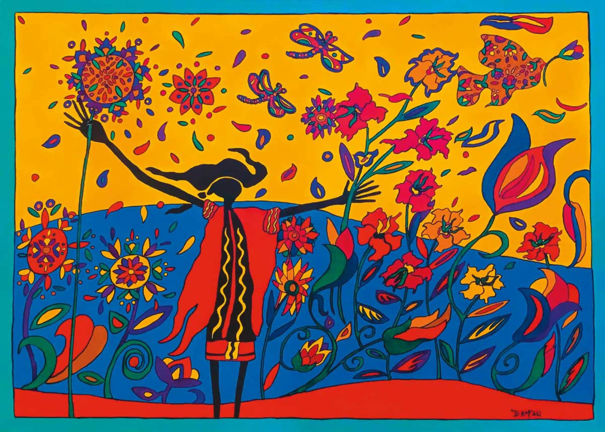 Wild Exuberance par Dawn Oman, gravure d'art autochtone, Premières Nations, Métis, culture Chipewyan/Galloise, décor autochtone d'Amérique, œuvre encadrée
