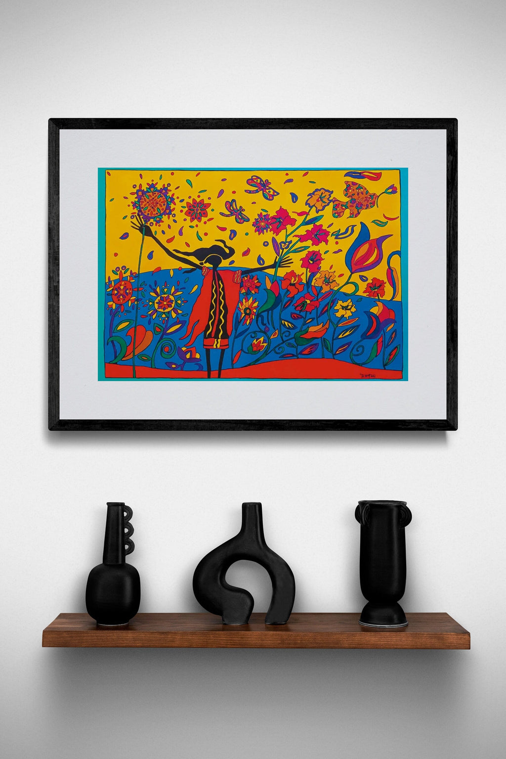 Wild Exuberance par Dawn Oman, gravure d'art autochtone, Premières Nations, Métis, culture Chipewyan/Galloise, décor autochtone d'Amérique, œuvre encadrée
