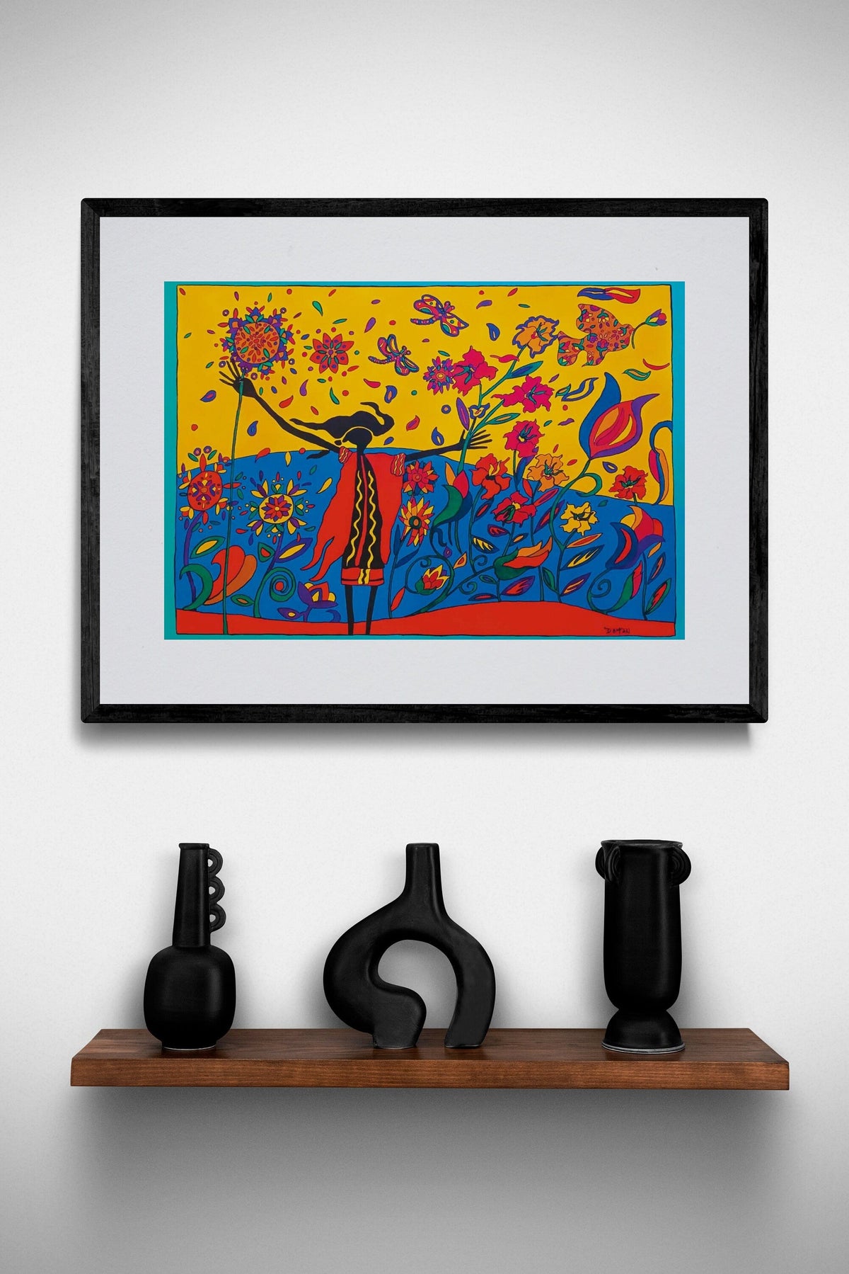 Wild Exuberance par Dawn Oman, gravure d'art autochtone, Premières Nations, Métis, culture Chipewyan/Galloise, décor autochtone d'Amérique, œuvre encadrée