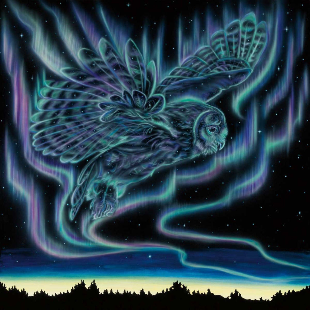 Danse céleste - Hibou par Amy Keller-Rempp, gravure d'art autochtone, Premières Nations, Amérindiens, aurores boréales