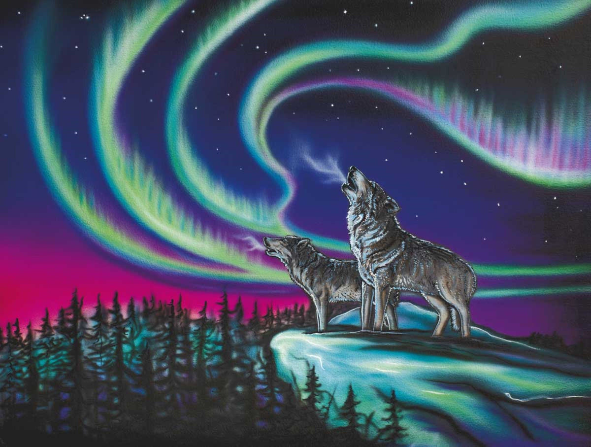 Sky Dance – Wolf Song By Amy Keller-Rempp Indigenous Art Print, First Nations, Native Americans Decor, Northern Lights, Aurora Borealis