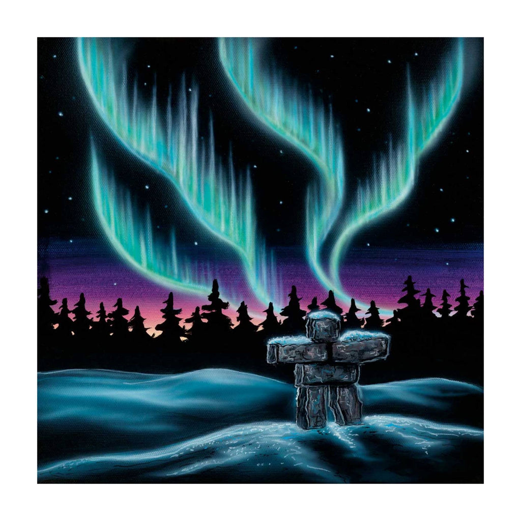 Sky Dance – Inukshuk par Amy Keller-Rempp, gravure d'art autochtone, Premières Nations, Autochtones, lumières nordiques, aurores boréales