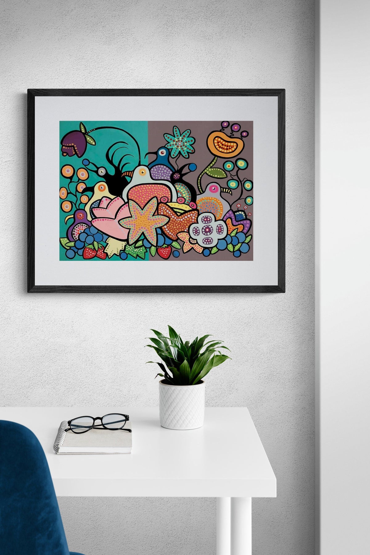 La récolte des oiseaux et des baies II par Donna Langhorne, estampe d'art autochtone, Premières Nations, Nation Anishinaabe, décor amérindien, art encadré